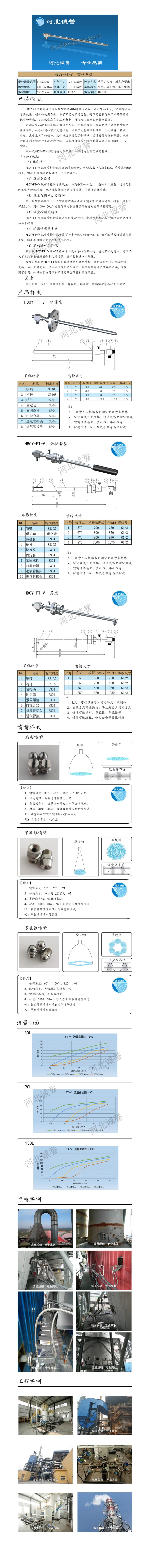 FT-V脫硝噴槍保護(hù)套、噴槍參數(shù)、材質(zhì)尺寸、流量分布圖、扇形空心錐俯視圖介紹，以及噴槍霧化視頻展示和工程案例介紹