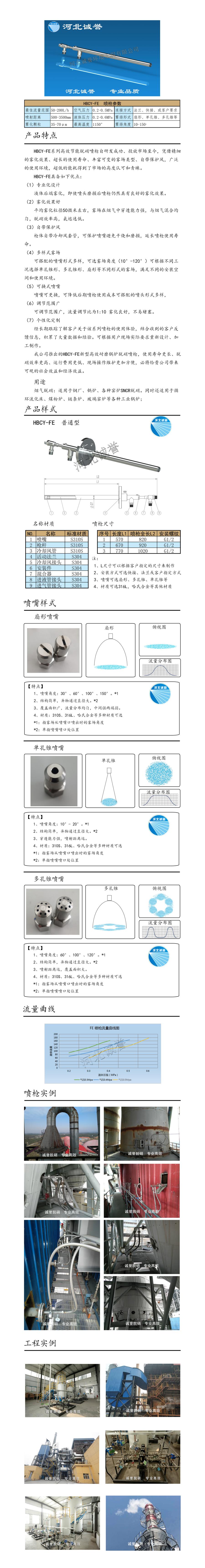 電廠脫硝噴槍保護(hù)套、噴槍參數(shù)、材質(zhì)尺寸、流量分布圖、扇形空心錐俯視圖介紹，以及噴槍霧化視頻展示和工程案例介紹